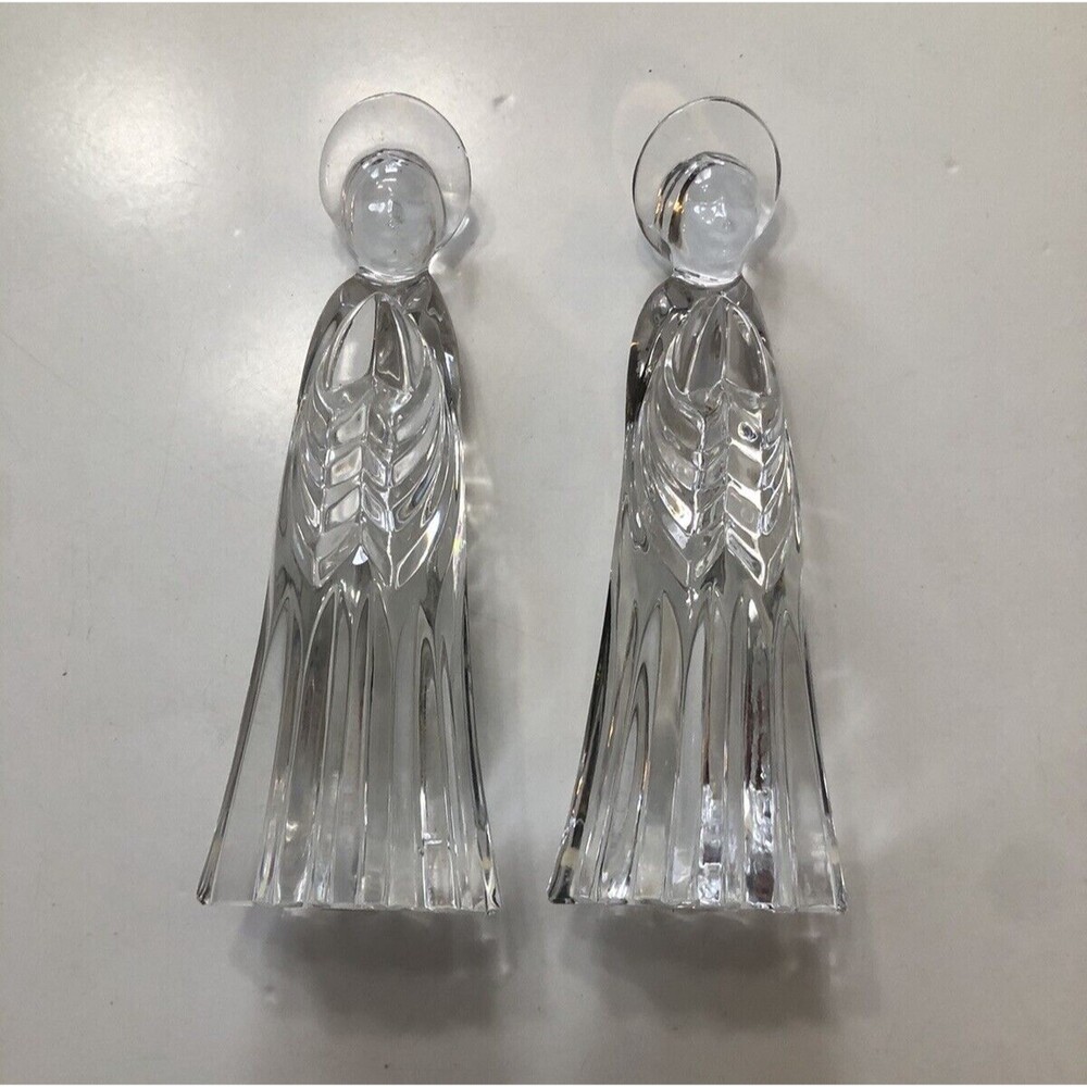 Vintage Glass Crystal Angel Figurines Set Of 2 6 Inches Tall Free Standing